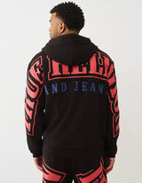TRUE RELIGION OVERT ARCHED LOGO ZIP HOODIE (JET BLACK/RED)