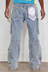 WASHED MULTI CARGO DENIM Y2K PANTS BLUE