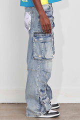 WASHED MULTI CARGO DENIM Y2K PANTS BLUE