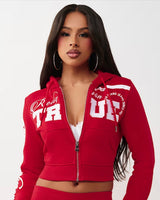EMBROIDERED SHRUNKN ZIP WOMENS HOODIE (RED) 209855