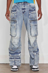 WASHED MULTI CARGO DENIM Y2K PANTS BLUE