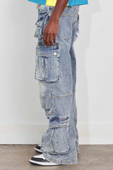 WASHED MULTI CARGO DENIM Y2K PANTS BLUE