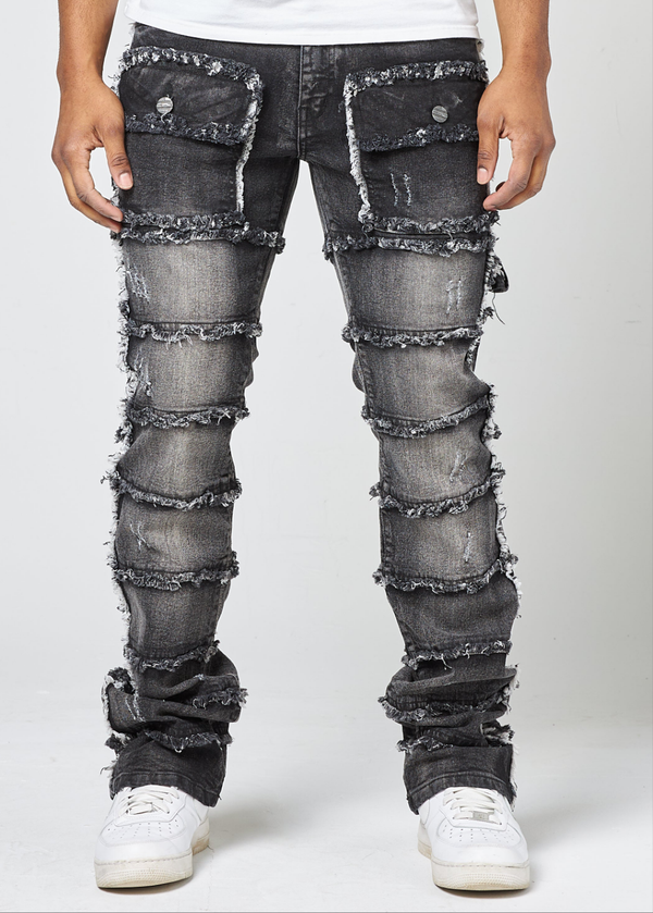 FW-33958K KID'S PATCHWORK TRUE STACKED DENIM JEANS (BLACK WASH)