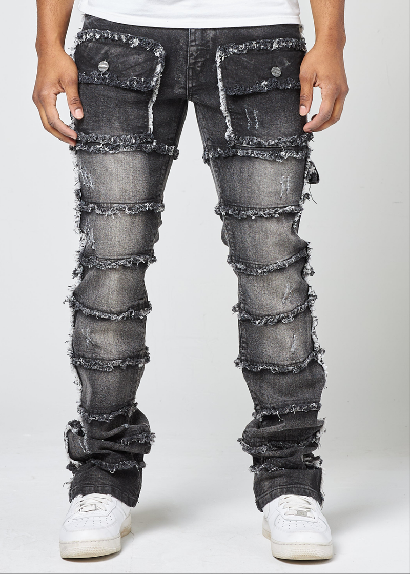FW-33958K KID'S PATCHWORK TRUE STACKED DENIM JEANS (BLACK WASH)