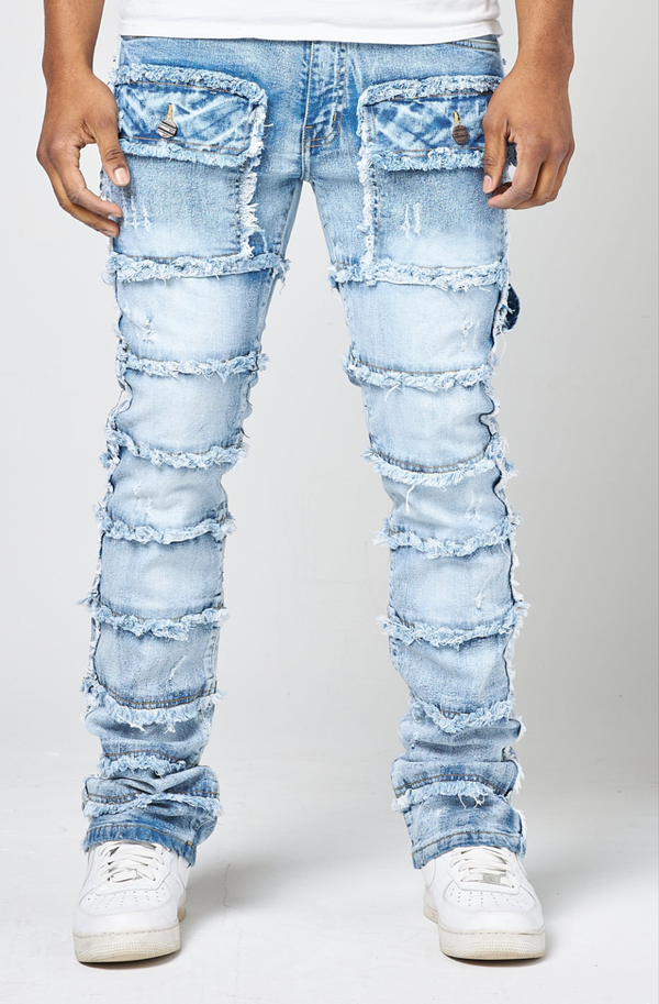FW-33958 PATCHWORK TRUE STACKED DENIM JEANS (ICE BLUE)