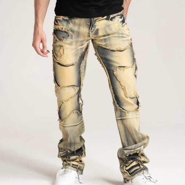 PREMIUM QUALITY STACK JEANS WITH MULTIPLE CONTINUOUS RIP/REPAIR (B2083)