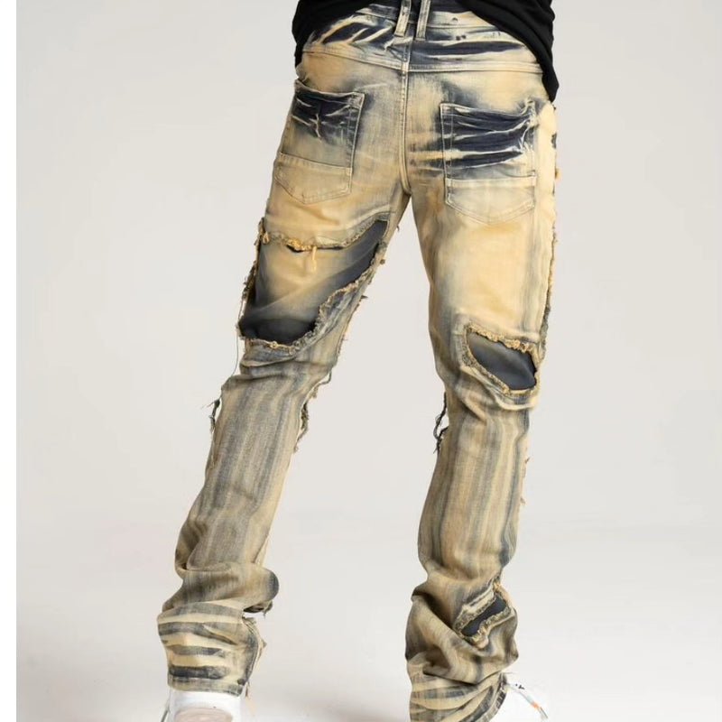 PREMIUM QUALITY STACK JEANS WITH MULTIPLE CONTINUOUS RIP/REPAIR (B2083)