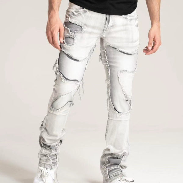 PREMIUM QUALITY STACK JEANS WITH MULTIPLE CONTINUOUS RIP/REPAIR (B2083)