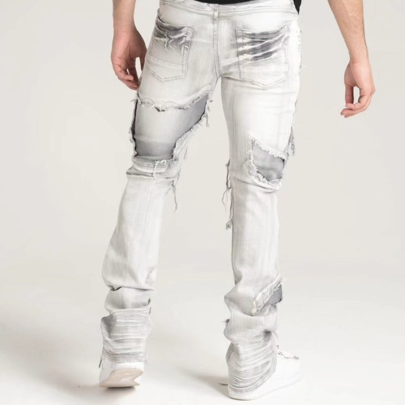 PREMIUM QUALITY STACK JEANS WITH MULTIPLE CONTINUOUS RIP/REPAIR (B2083)