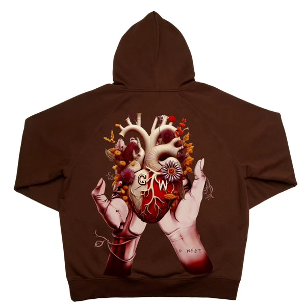 G WEST FLOWER HEART HOODIE - BROWN