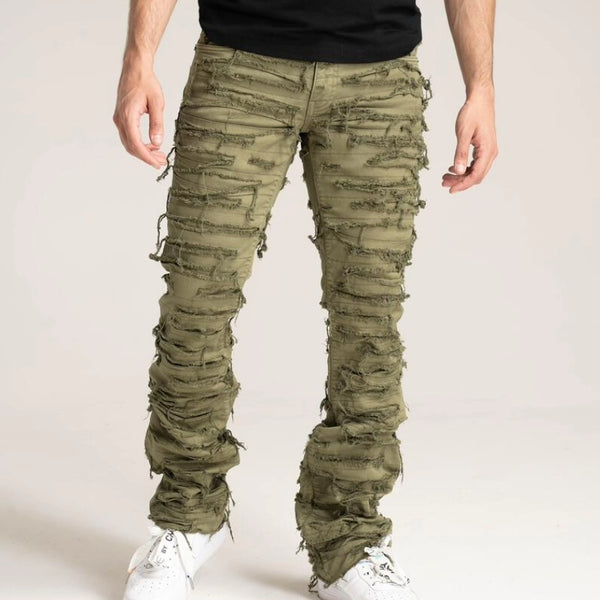 PREMIUM QUALITY STACK PANTS WITH MULTI RIP/REPAIR (B2082) OLIVE