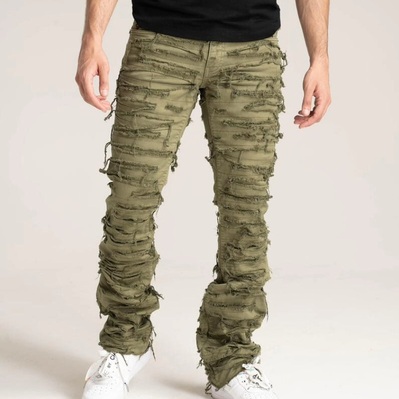 PREMIUM QUALITY STACK PANTS WITH MULTI RIP/REPAIR (B2082) OLIVE