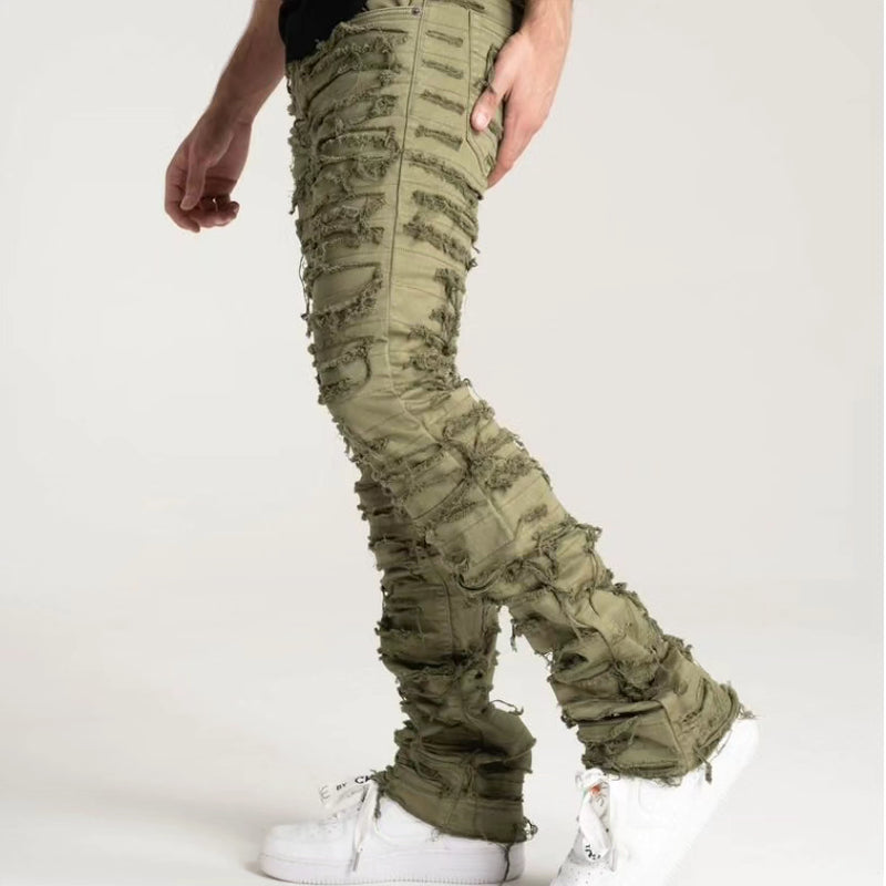 PREMIUM QUALITY STACK PANTS WITH MULTI RIP/REPAIR (B2082) OLIVE