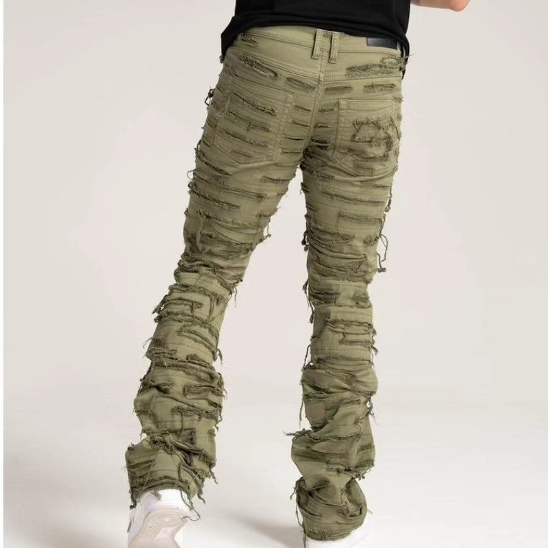 PREMIUM QUALITY STACK PANTS WITH MULTI RIP/REPAIR (B2082) OLIVE