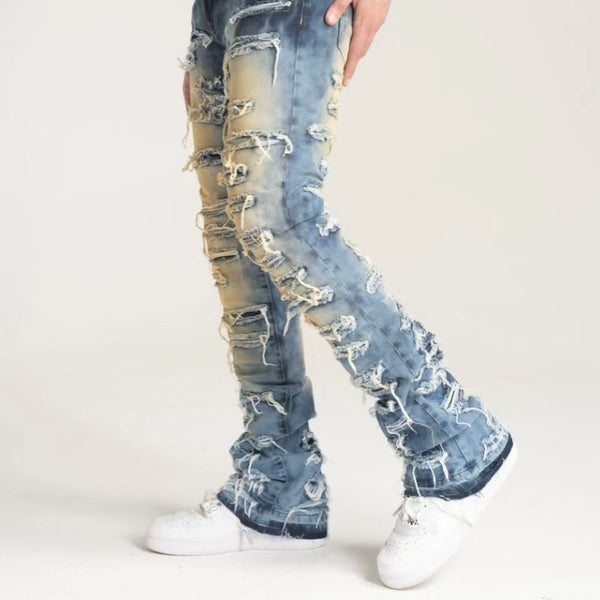 PREMIUM QUALITY STACK JEANS WITH MULTI RIP & REPAIR (B2079) DK INDIGO