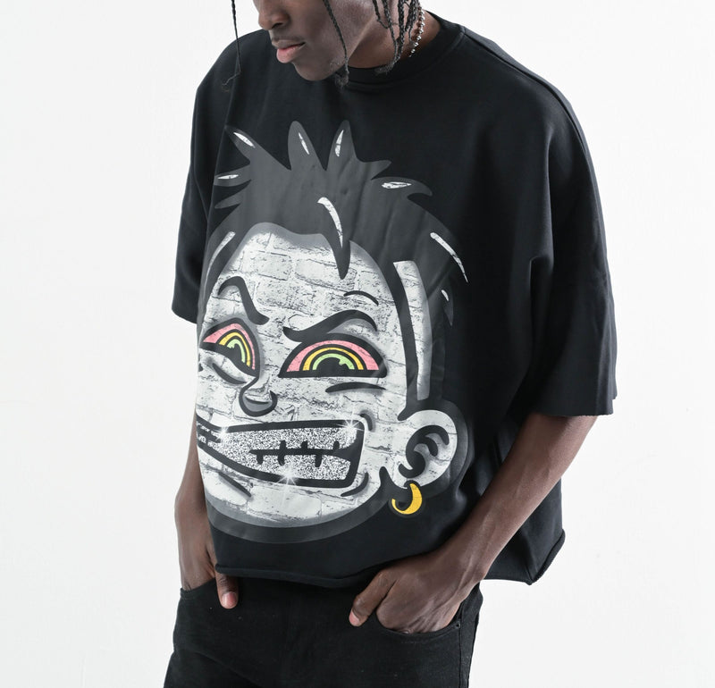 TS570, OVERSIZED TWO PANEL CROPPED T-SHIRT (BLACK)