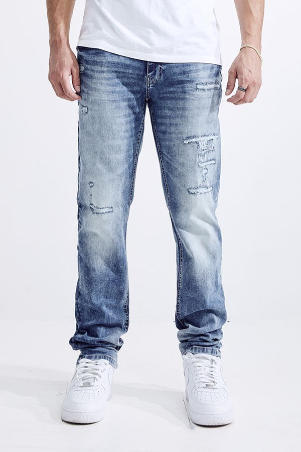 MEN'S FIT RIP AND REPAIR JEANS (MS-80412) ACID BLUE