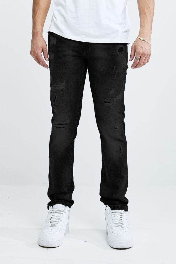 MEN'S ATHLETIC FIT DENIM PANTS WITH RIPS (TT-50119) JET BLACK