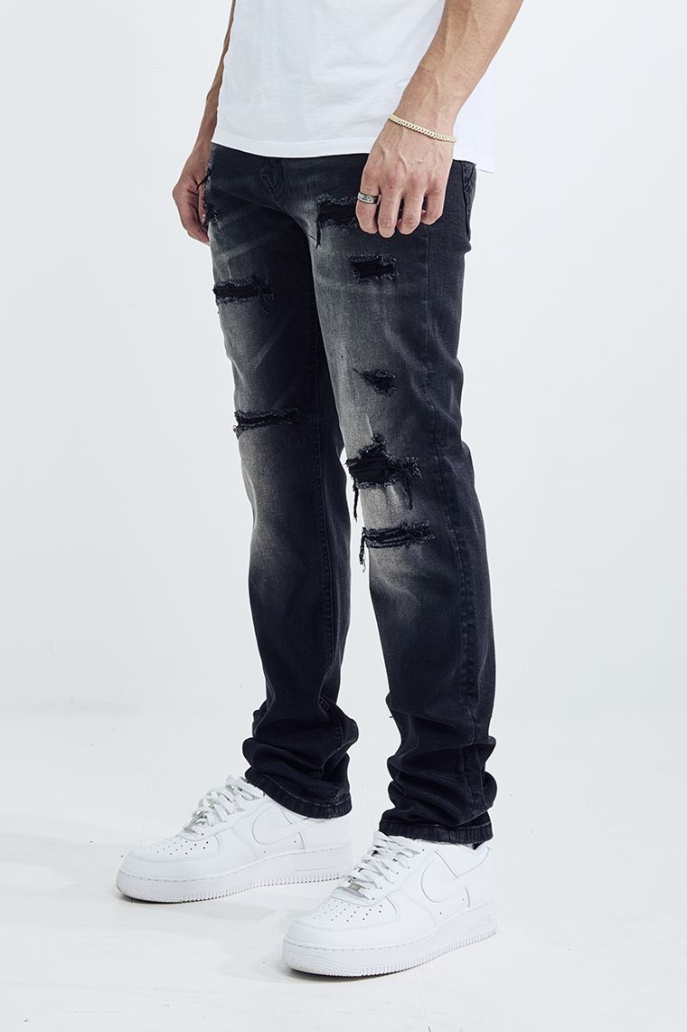 MEN'S SKINNY FIT RIP AND REPAIR JEANS (MS-80413) BLACK