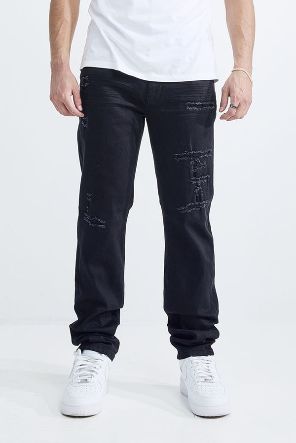 MEN'S FIT RIP AND REPAIR JEANS (MS-80412) JET BLACK