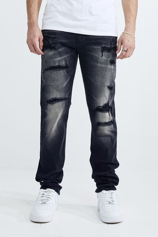 MEN'S SKINNY FIT RIP AND REPAIR JEANS (MS-80413) BLACK