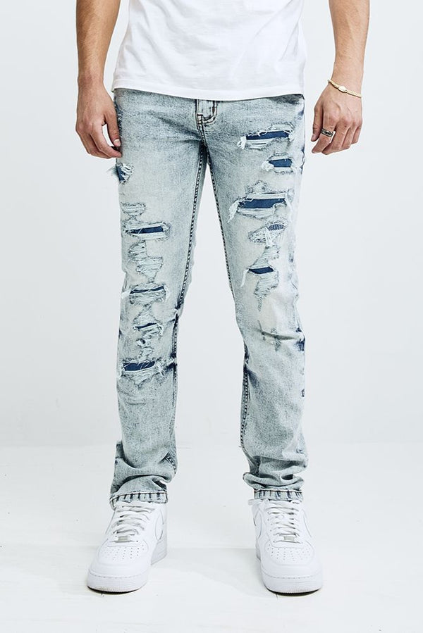 MEN'S ATHLETIC FIT DENIM PANTS WITH RIPS (TT-50120) LIGHT BLUE