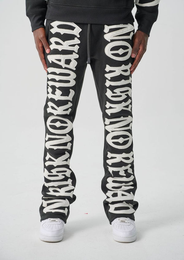 S5301, "NO RISK NO REWARD" FLEECE FLARE PANTS (S5301) BLACK/WHITE