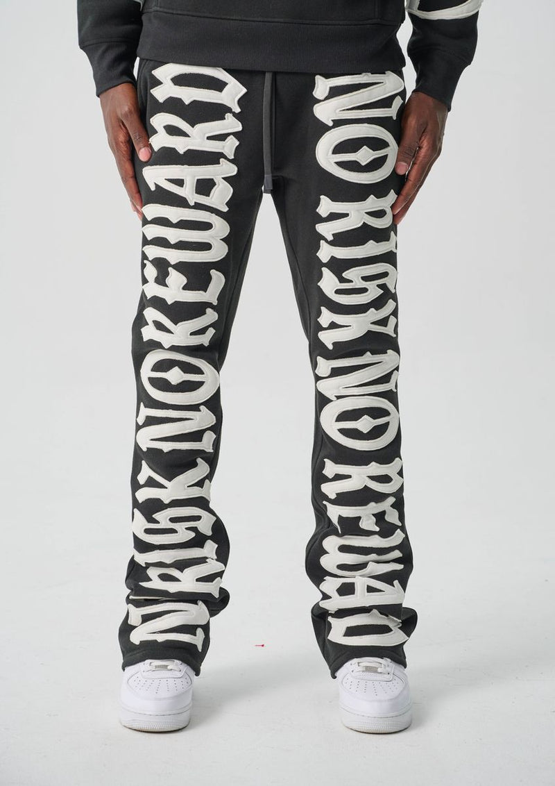 S5301, "NO RISK NO REWARD" FLEECE FLARE PANTS (S5301) BLACK/WHITE