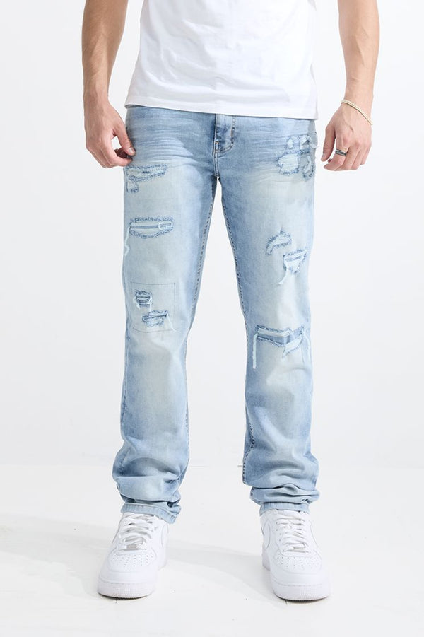 MEN'S SKINNY FIT RIP AND REPAIR JEANS (MS-80411) LT BLUE
