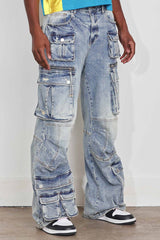 WASHED MULTI CARGO DENIM Y2K PANTS BLUE