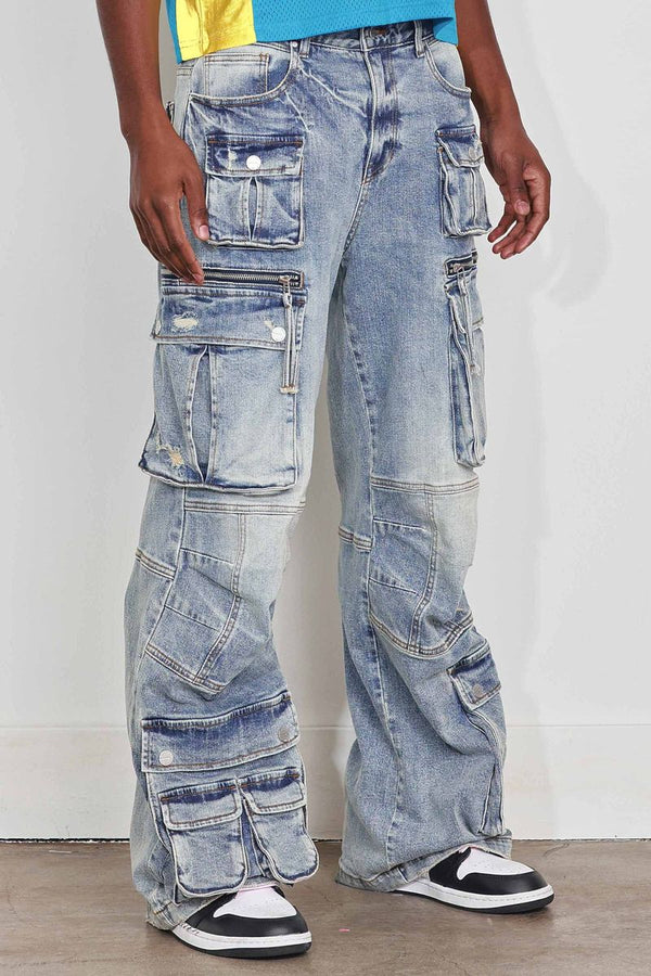 WASHED MULTI CARGO DENIM Y2K PANTS BLUE