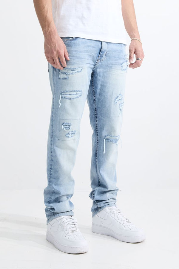 MEN'S SKINNY FIT RIP AND REPAIR JEANS (MS-80411) LT BLUE