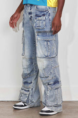 WASHED MULTI CARGO DENIM Y2K PANTS BLUE