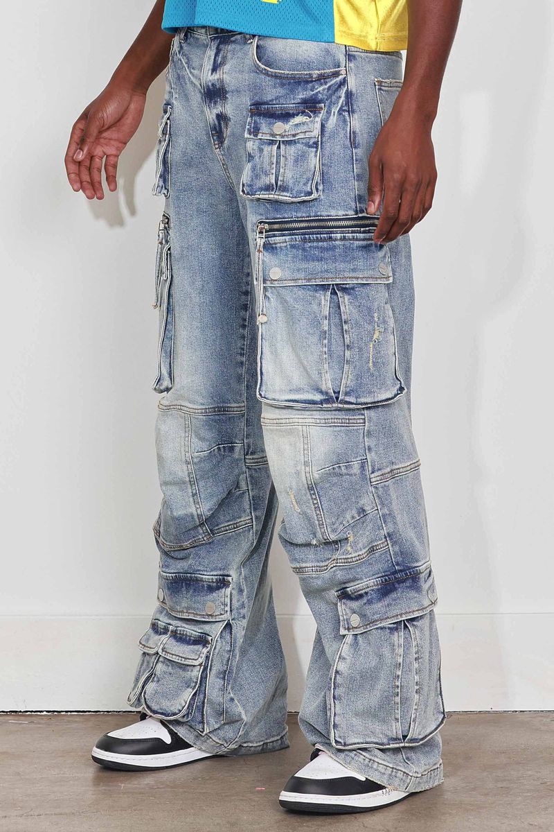 WASHED MULTI CARGO DENIM Y2K PANTS BLUE