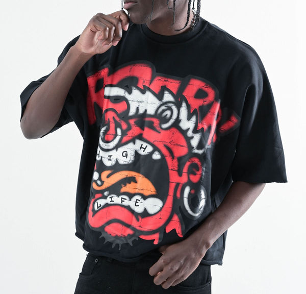 TS552, OVERSIZED TWO PANEL CROPPED T-SHIRT (BLACK)