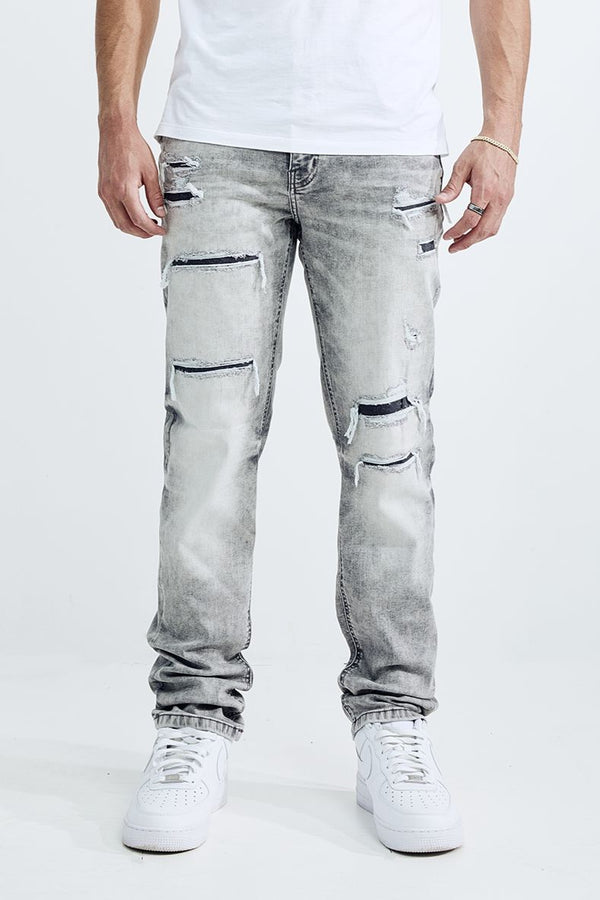 MEN'S SKINNY FIT RIP AND REPAIR JEANS (MS-80413) LIGHT GREY