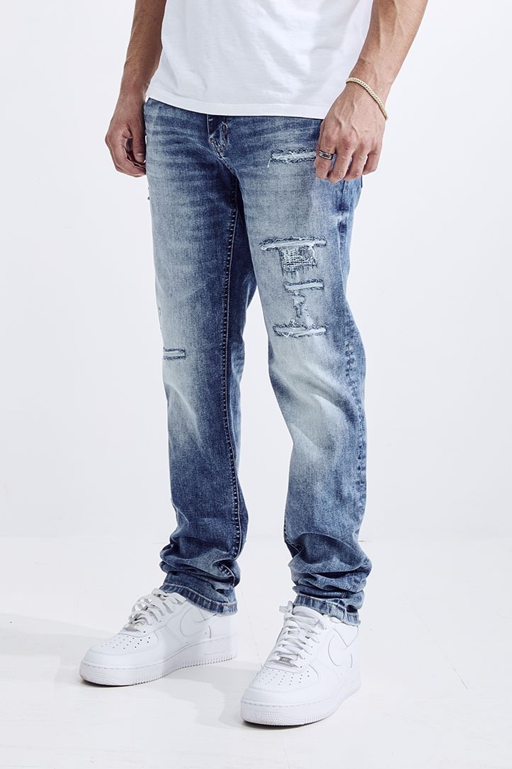 MEN'S FIT RIP AND REPAIR JEANS (MS-80412) ACID BLUE
