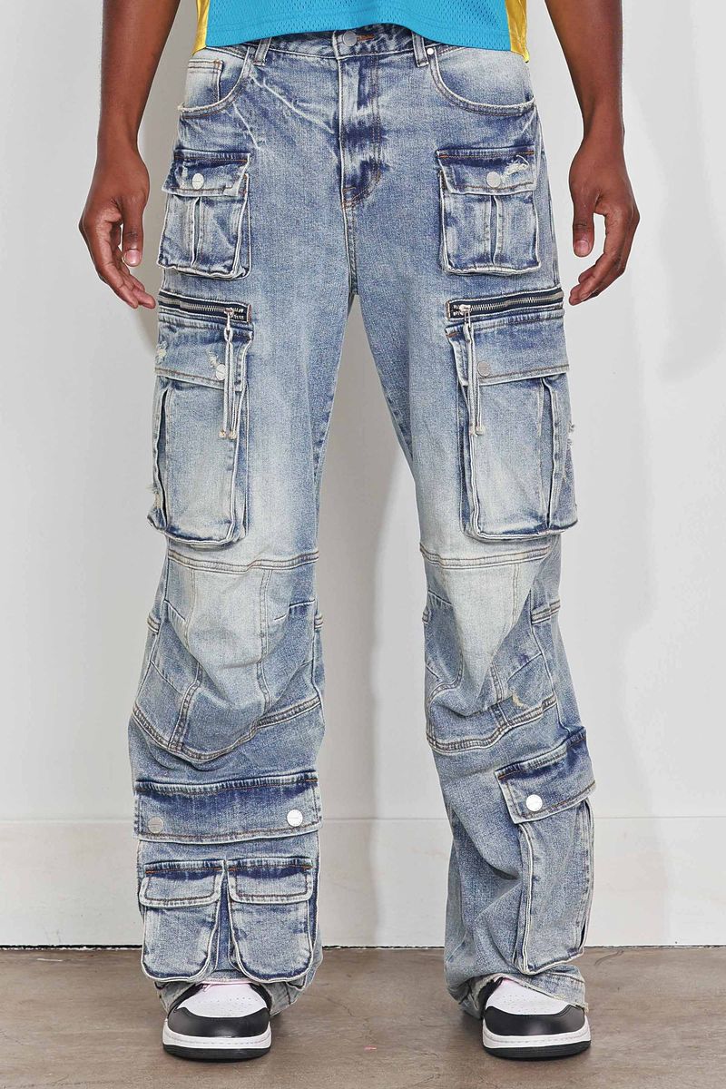 WASHED MULTI CARGO DENIM Y2K PANTS BLUE
