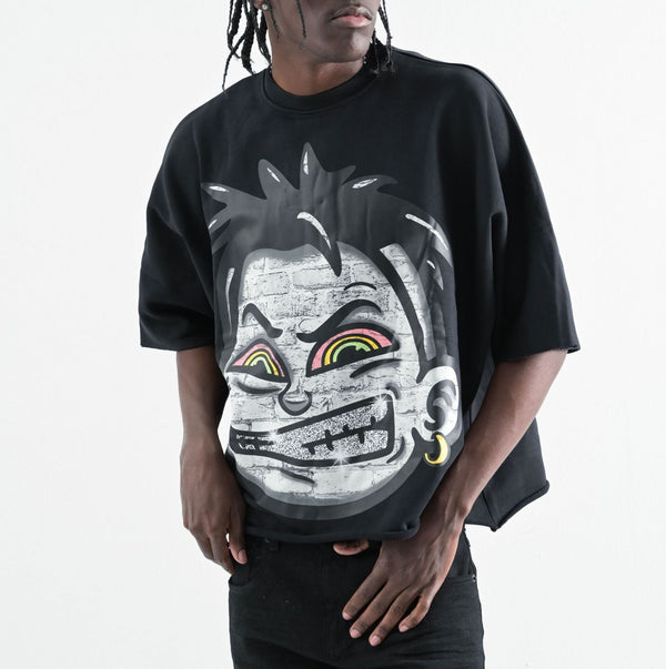 TS570, OVERSIZED TWO PANEL CROPPED T-SHIRT (BLACK)