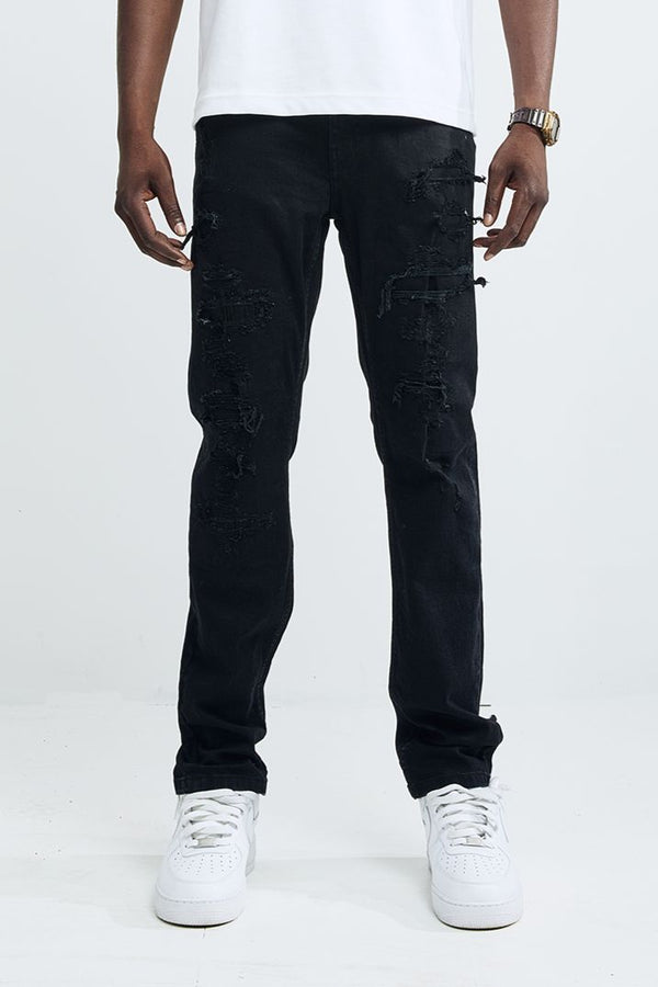 MEN'S ATHLETIC FIT DENIM PANTS WITH RIPS (TT-50120) JET BLACK