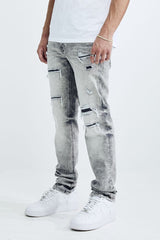 MEN'S SKINNY FIT RIP AND REPAIR JEANS (MS-80413) LIGHT GREY