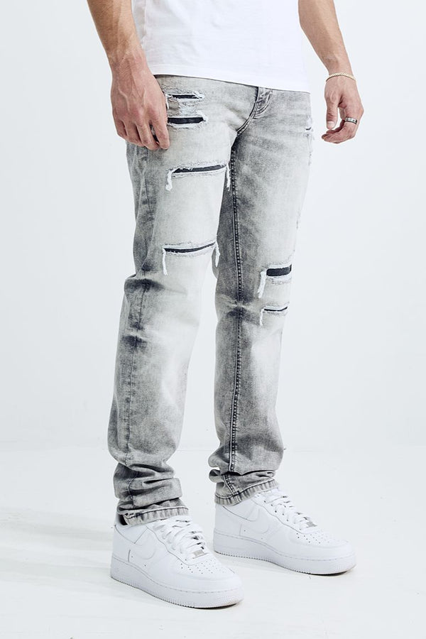 MEN'S SKINNY FIT RIP AND REPAIR JEANS (MS-80413) LIGHT GREY