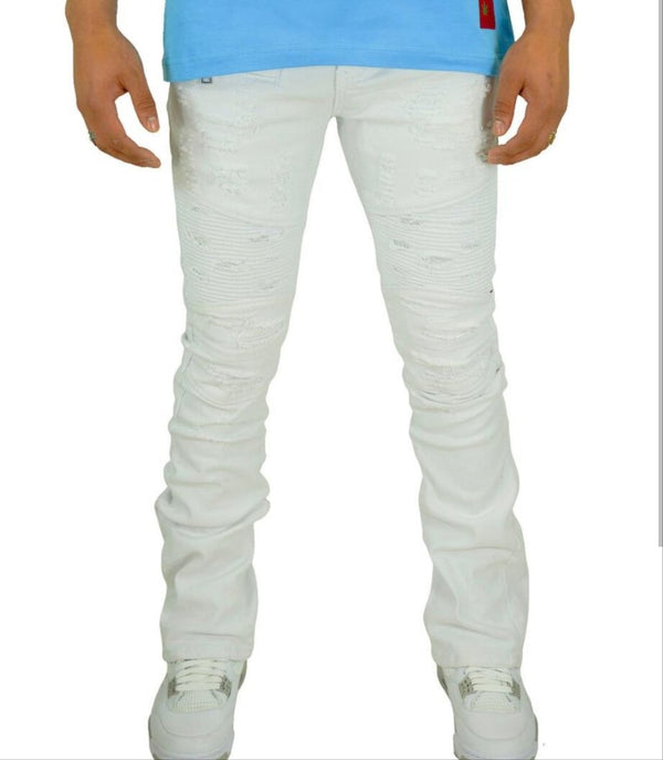 WHITE MOTO FLARE (PR-WB-950) (STACKED JEANS)